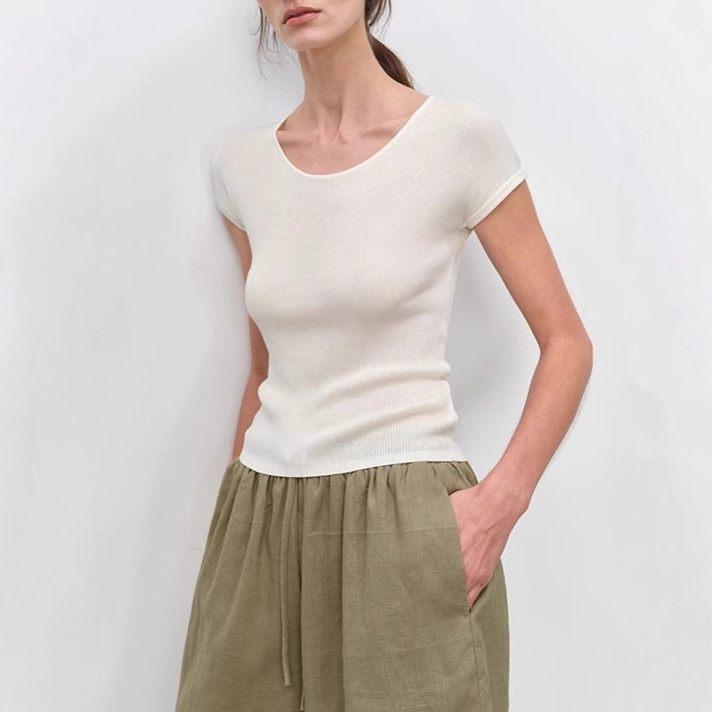 女醋酸天絲U領坑條高彈短袖T恤