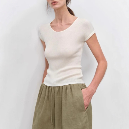 女醋酸天絲U領坑條高彈短袖T恤