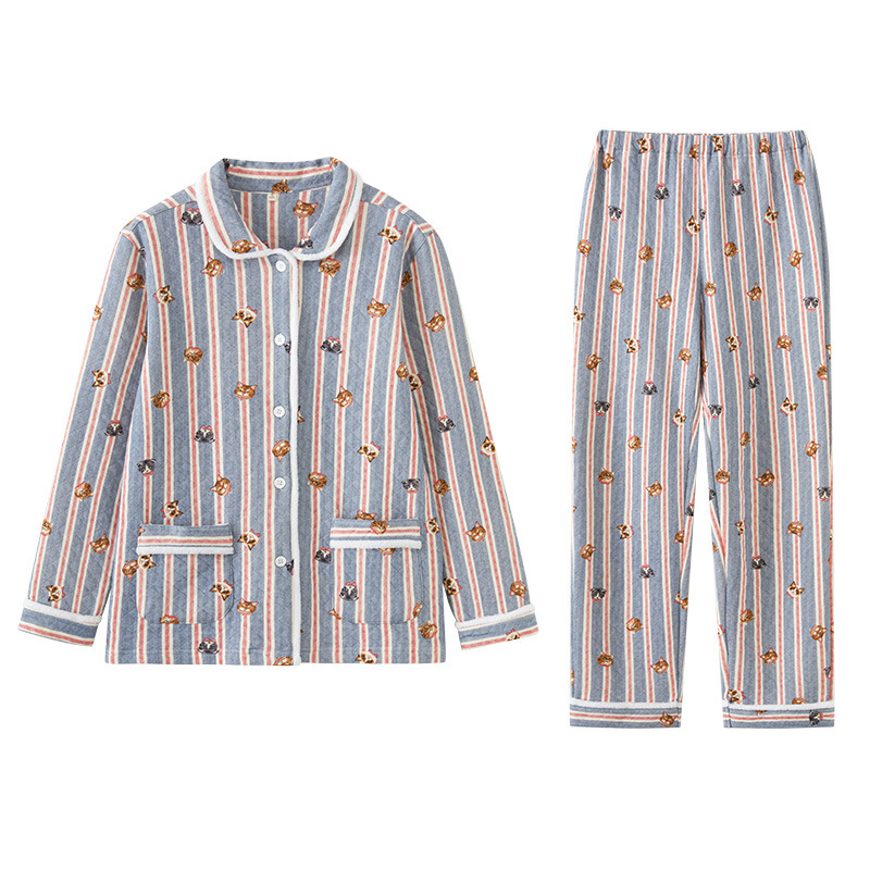 女士秋冬加厚空氣棉貓咪條紋長袖長褲居家服