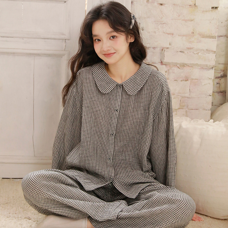 春季純棉紗格紋娃娃領長袖家居服