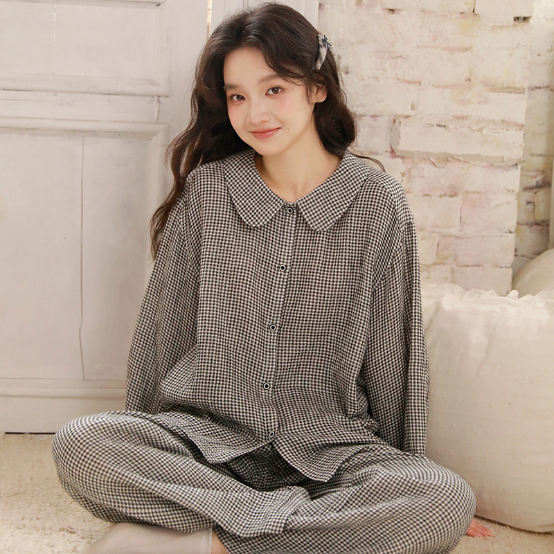 春季純棉紗格紋娃娃領長袖家居服