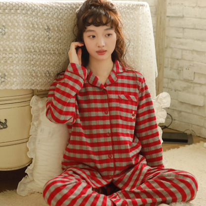 女士秋冬全棉磨毛絨布长袖長褲居家服