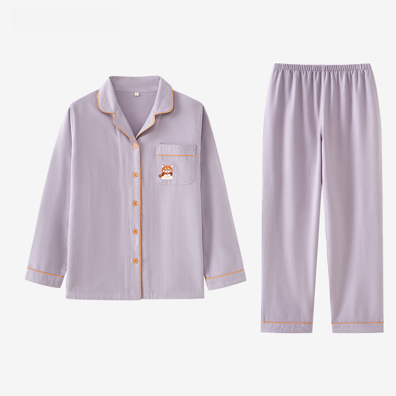 女士春秋純棉情侶條紋刺繡翻領長袖長褲居家服合集