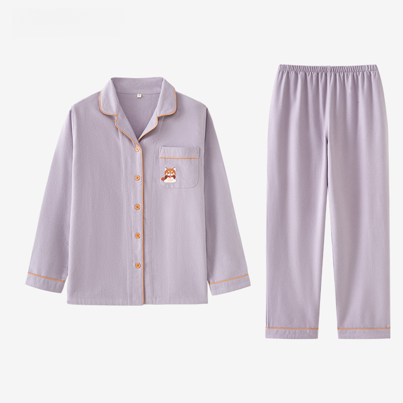 女士春秋純棉情侶條紋刺繡翻領長袖長褲居家服合集