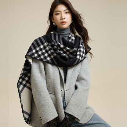 女士秋冬黑白格紋大版長款圍巾