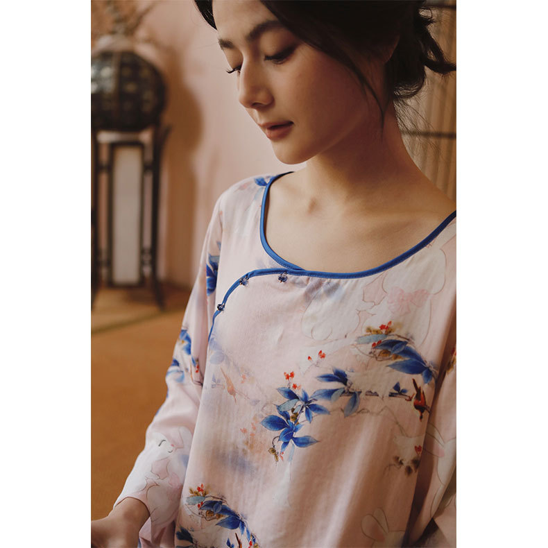 女款竹棉國風斜襟南笙印花長袖睡衣套裝