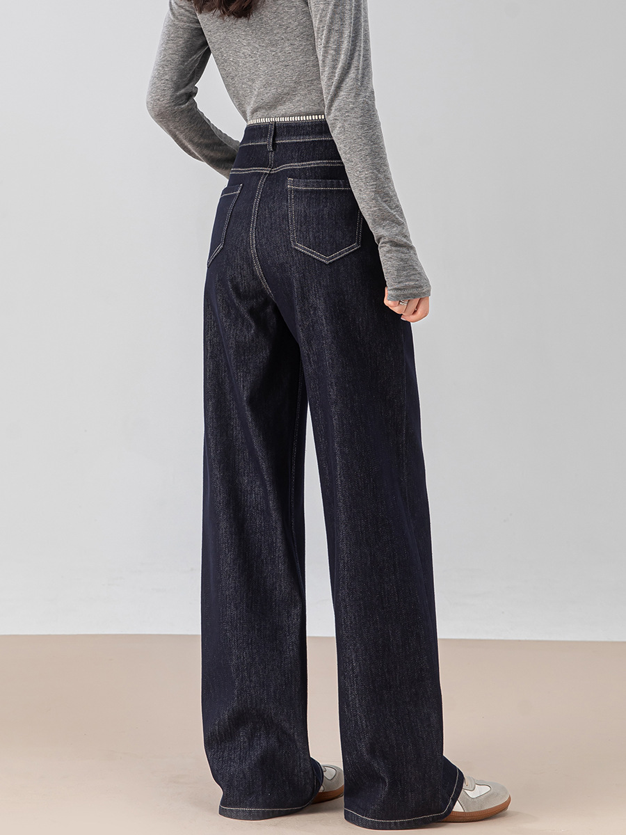 女士春秋條紋翻邊高腰拖地牛仔褲