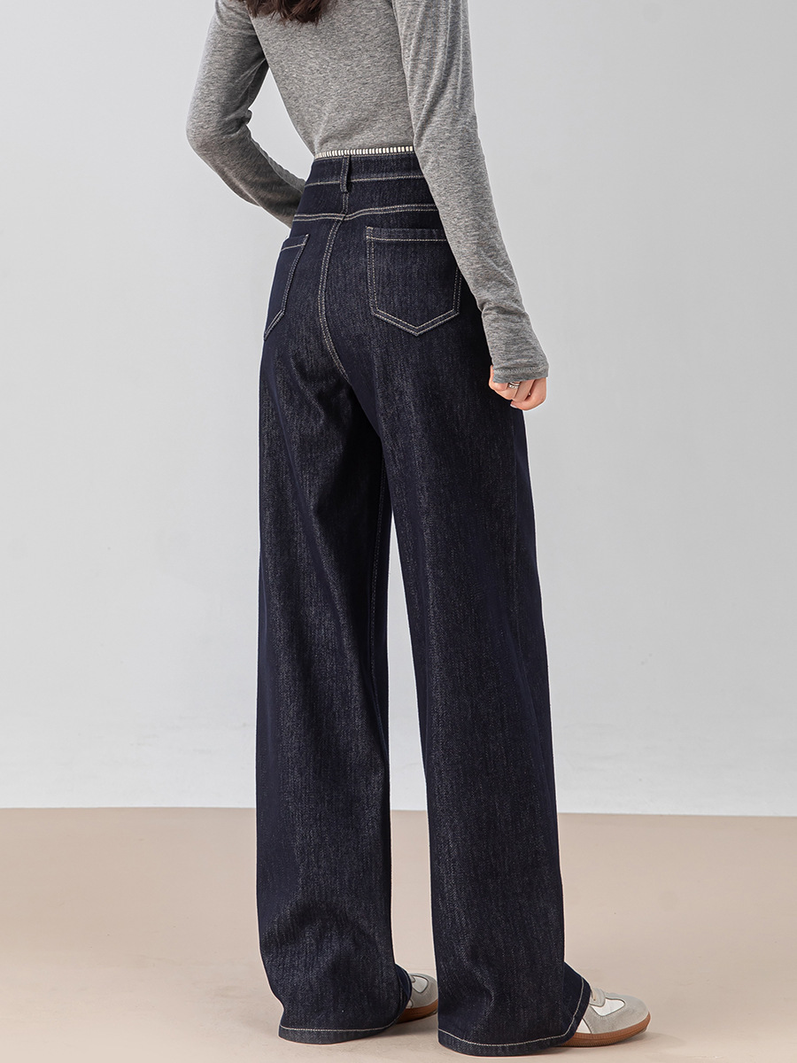 女士春秋條紋翻邊高腰拖地牛仔褲