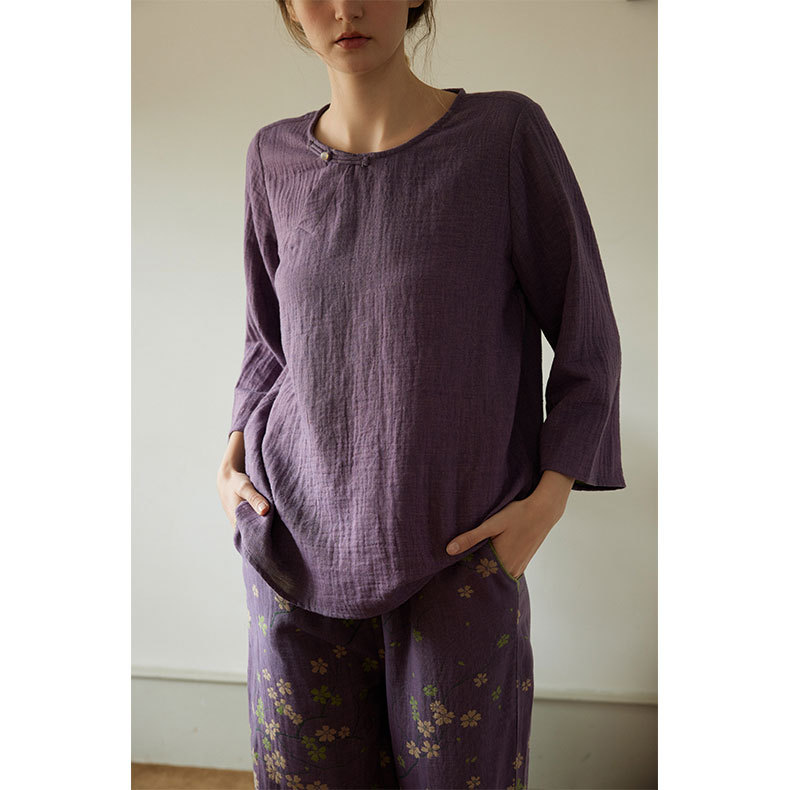 女士復古風拼色提花長袖睡衣家居服