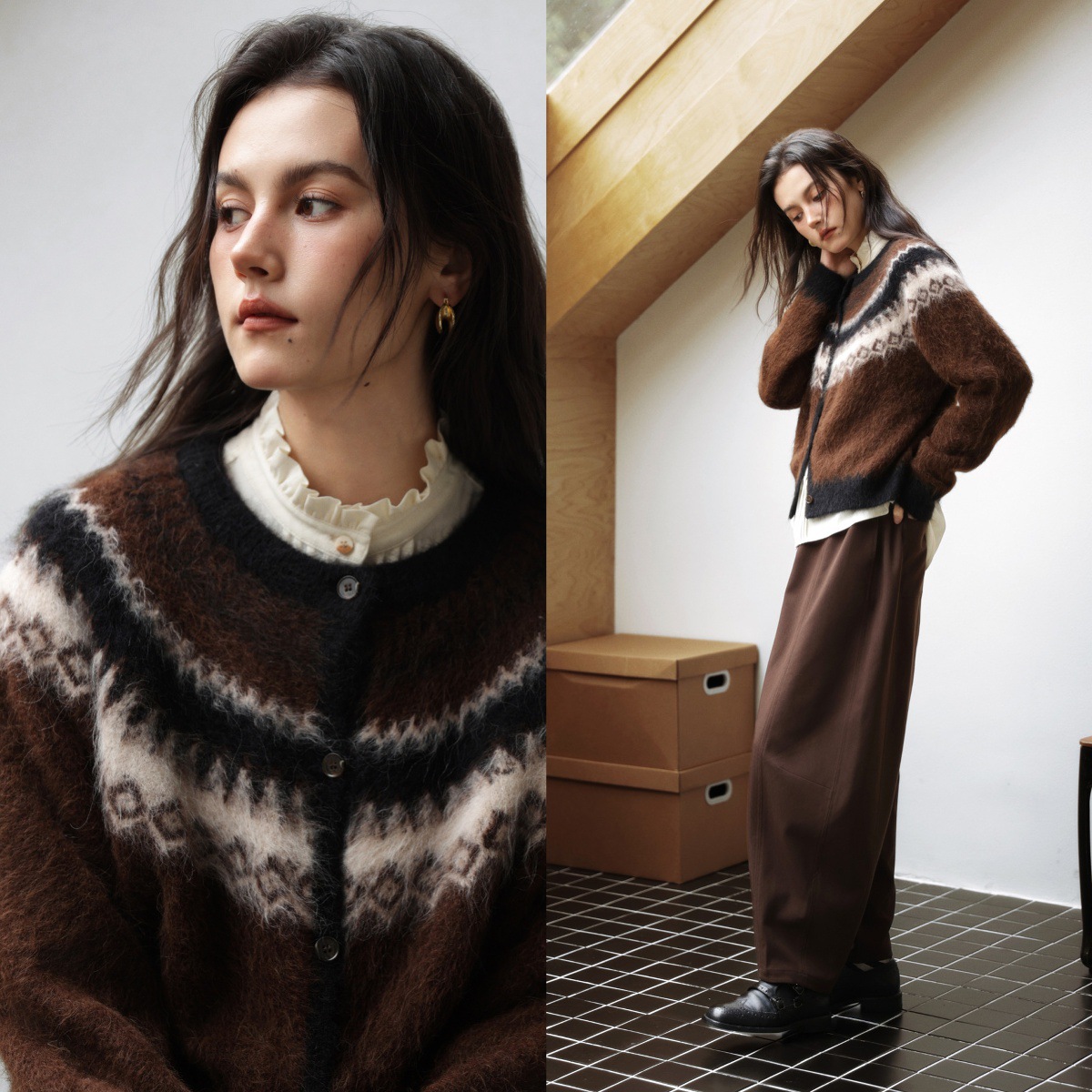 女士秋冬復古羊駝毛開衫