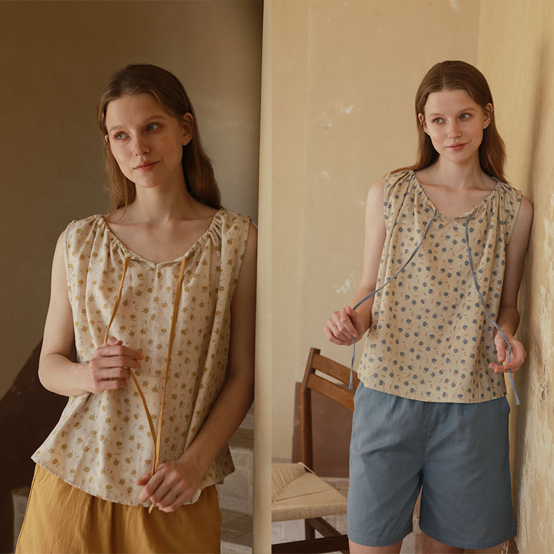 女夏舒適蝴蝶結無袖撞色印花居家套裝