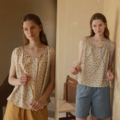 女夏舒適蝴蝶結無袖撞色印花居家套裝