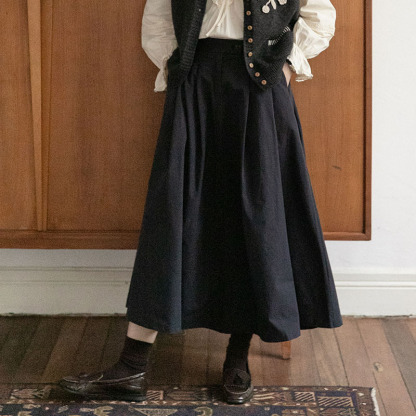女士秋季法式高腰棉質藏藍色A字半身裙