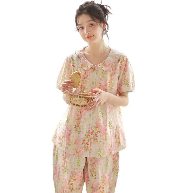 女款夏季娃娃領粉色短袖中褲家居服