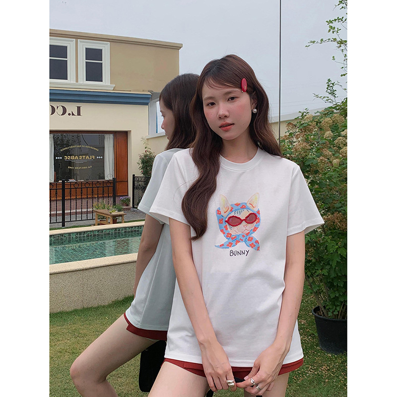 女夏韓系釘珠眼鏡印花T恤