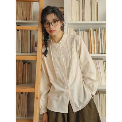 女士秋季韓版日系圓領馬夾+木耳領襯衫+綠色半裙