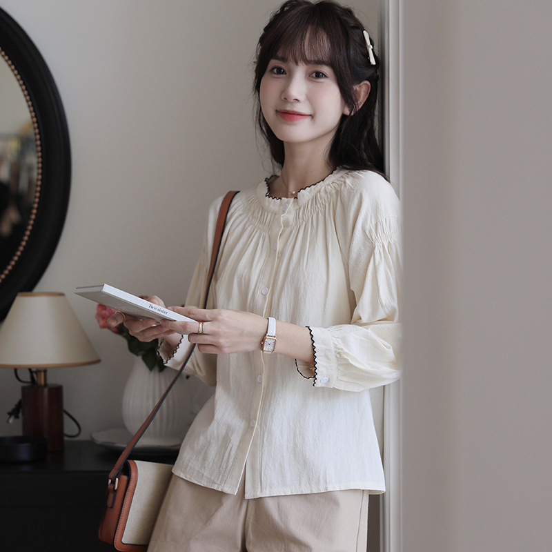 女士春季拼色別緻褶皺圓領長袖襯衫