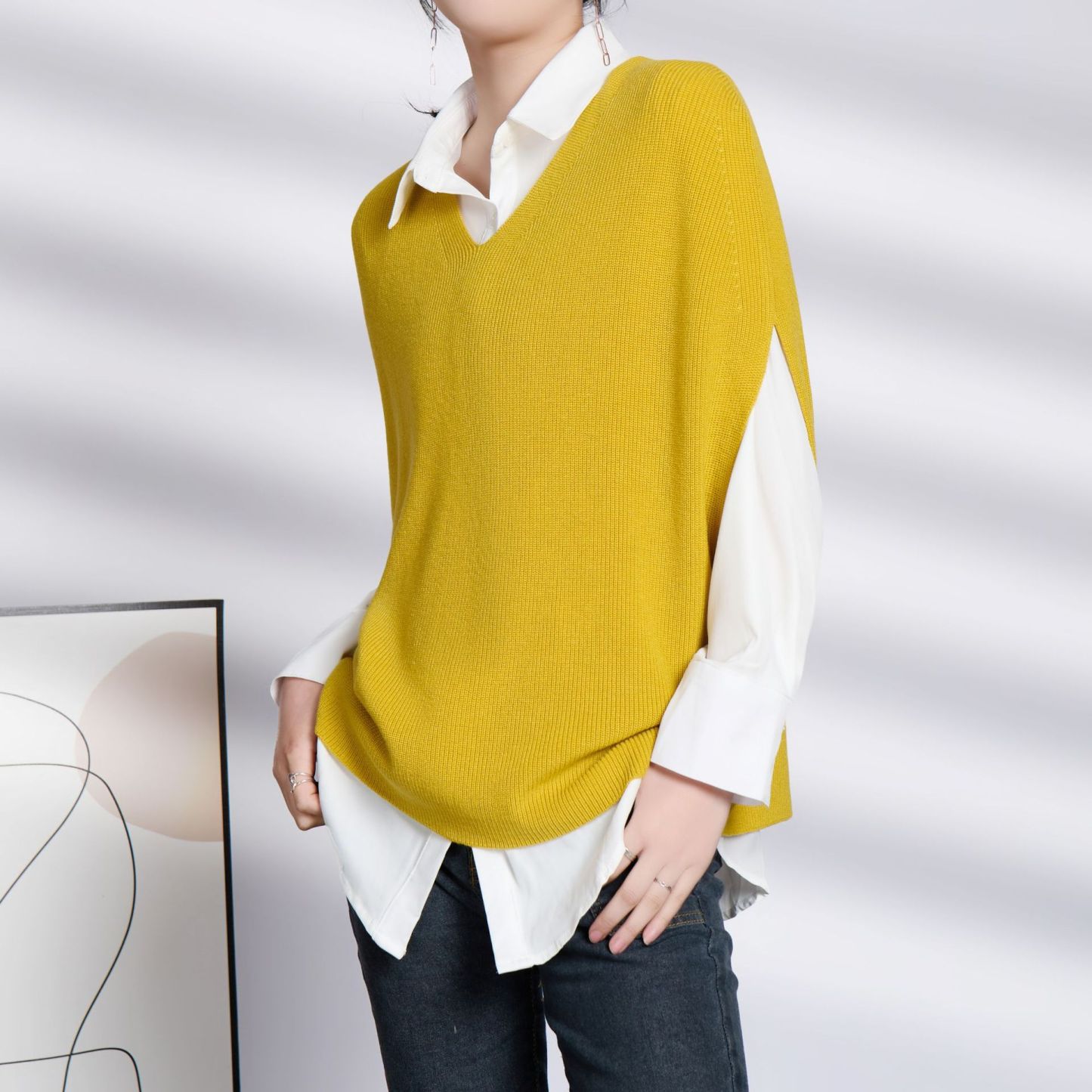 女士春秋V領寬鬆針織馬甲