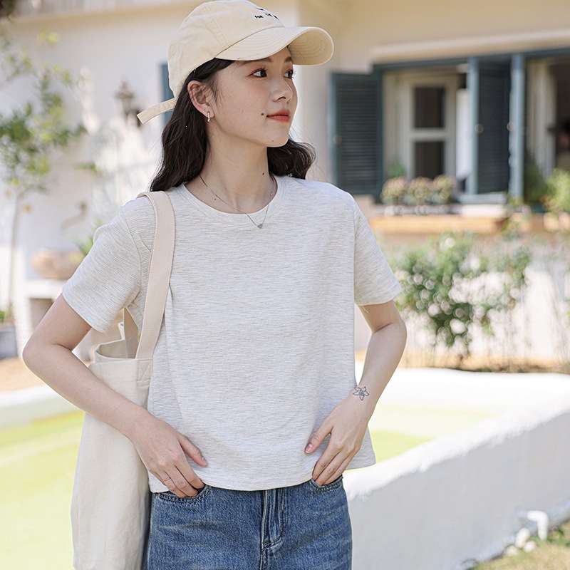 女夏短款圓領肌理感短袖T恤