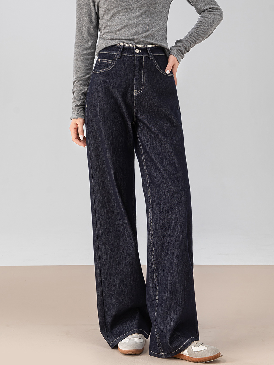 女士春秋條紋翻邊高腰拖地牛仔褲