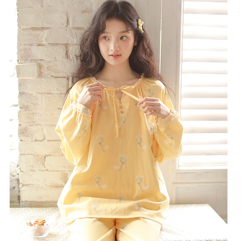 女春純棉紗布黃色碎花寬鬆居家服