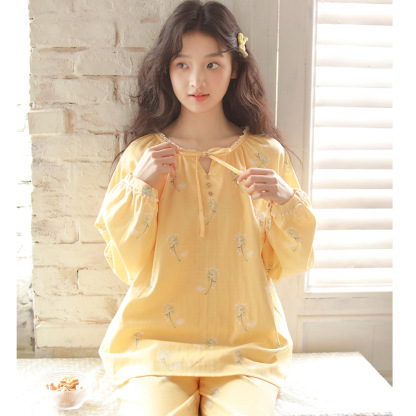 女春純棉紗布黃色碎花寬鬆居家服