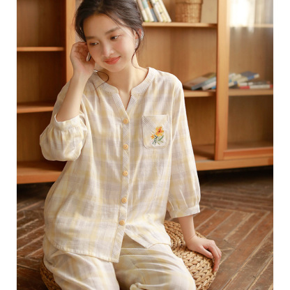 女款棉紗格紋V領七分袖長褲睡衣套裝