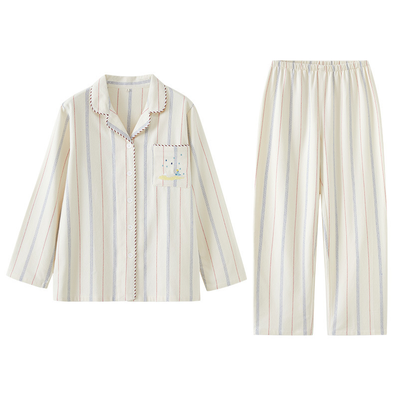 女士情侶款秋冬全棉磨毛光芒翻領長袖長褲居家服