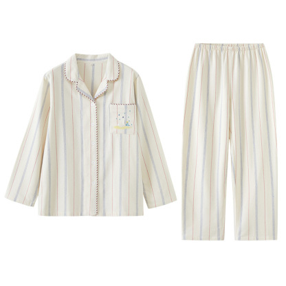 女士情侶款秋冬全棉磨毛光芒翻領長袖長褲居家服