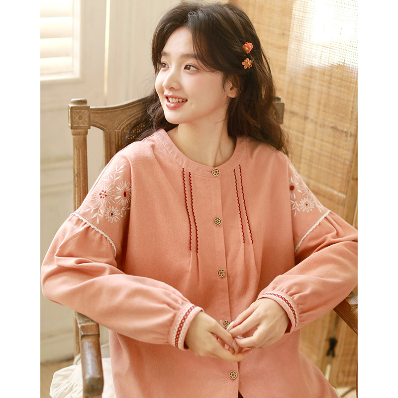女春秋純棉磨毛復古花邊居家服