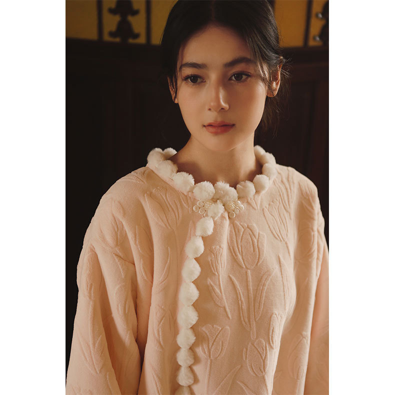 女秋冬加絨簡約提花甜美盤口國風睡裙