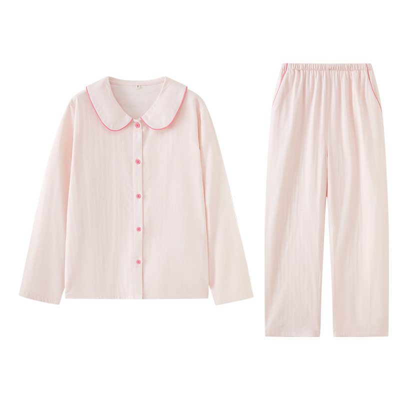 女士春秋純棉紗布娃娃領長袖長褲居家服