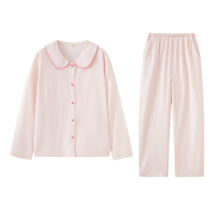 女士春秋純棉紗布娃娃領長袖長褲居家服