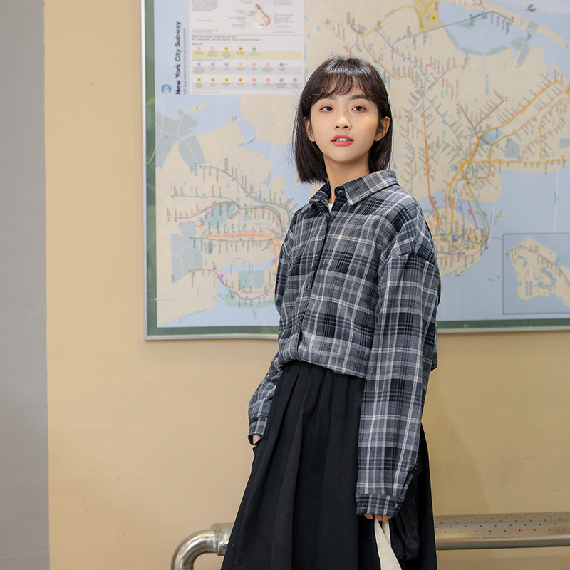 女士秋季韓版休閒格紋長袖襯衫
