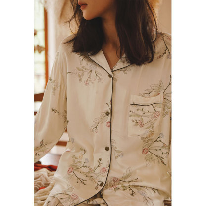 女士貢緞淡雅森系印花翻領口袋長袖睡衣套裝