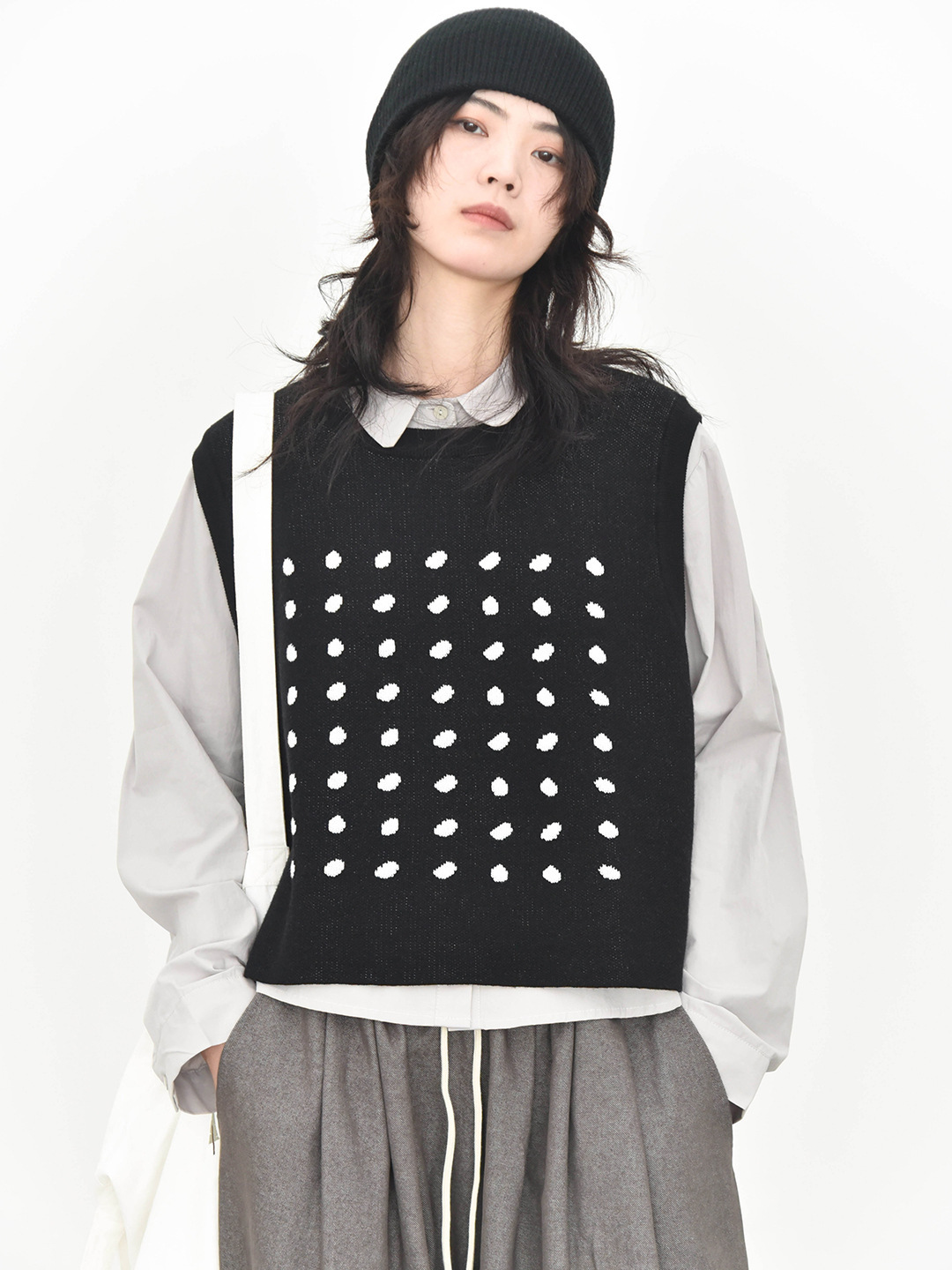 女士秋冬日式波點針織套頭馬甲