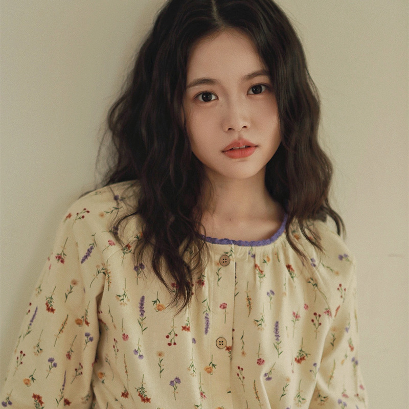 女士秋冬全棉磨毛絨布碎花圓領長袖長褲居家服