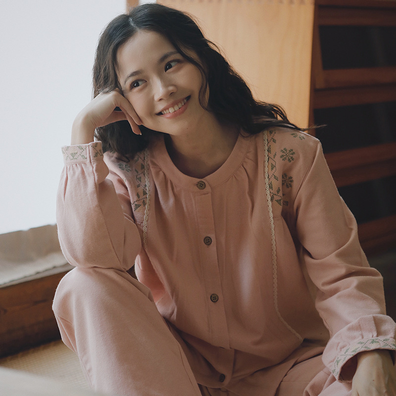 女士秋冬純棉磨毛刺繡袖口長袖長褲居家服