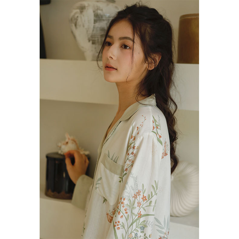 女士春秋天竹纖維淡雅印花翻領撞色長袖睡衣套裝