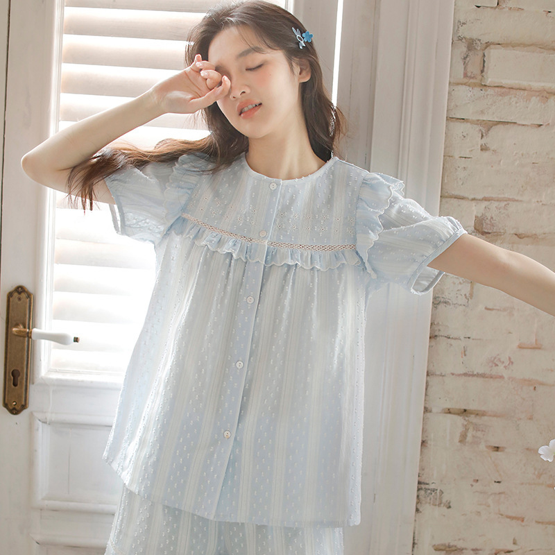 女款棉紗法式甜美短袖短褲睡衣套裝