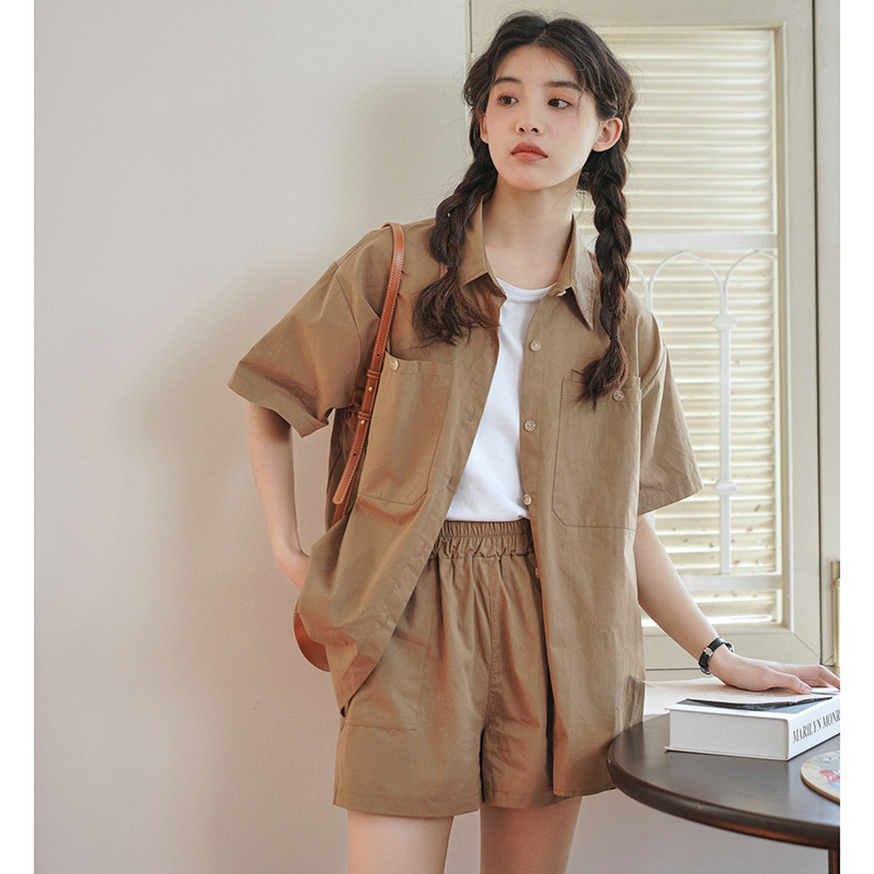 女工裝短袖休閒襯衣+短褲