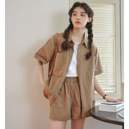 女工裝短袖休閒襯衣+短褲