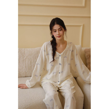 女無領長袖蝴蝶結印花睡衣套裝