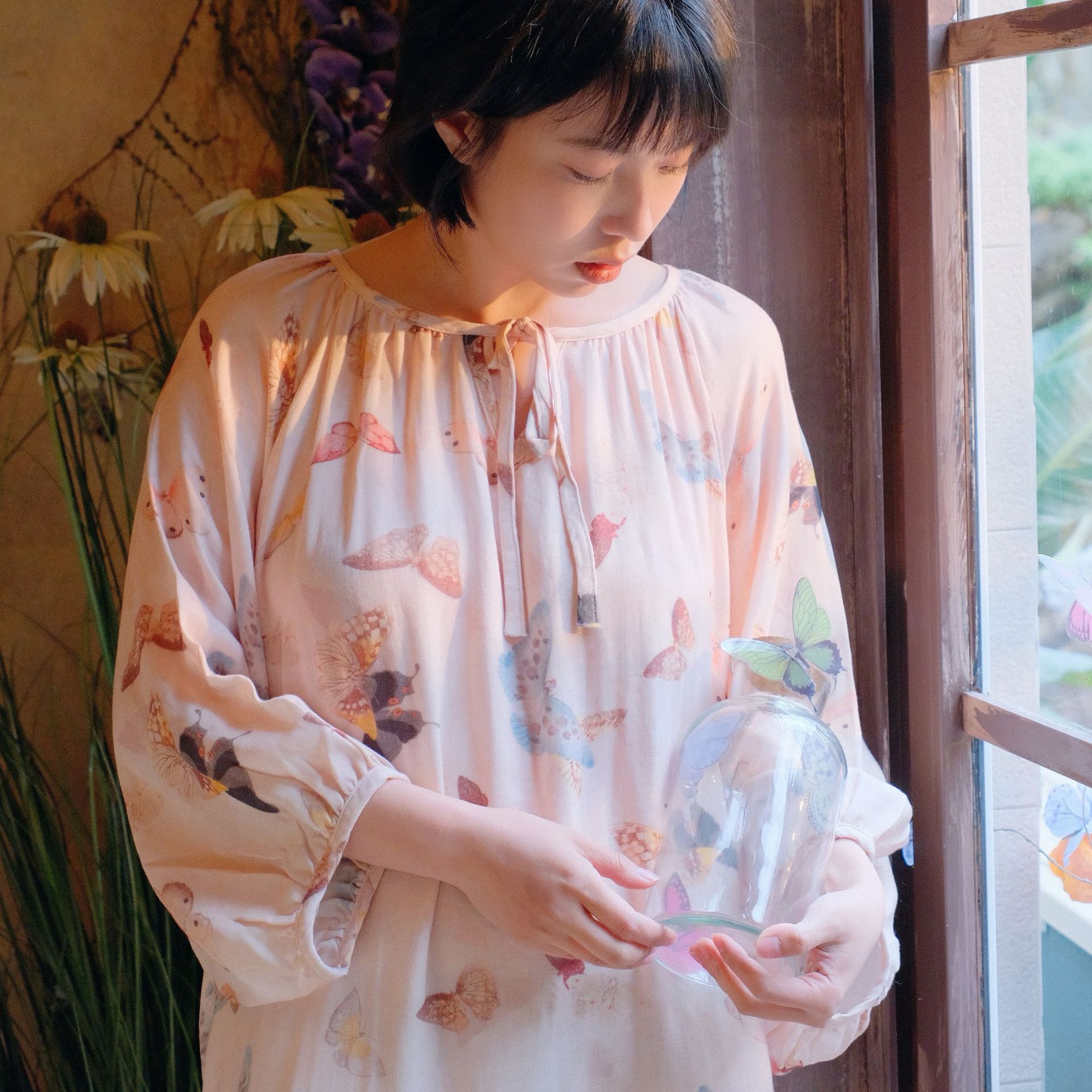 棉紗法式梭織青花網紅睡裙