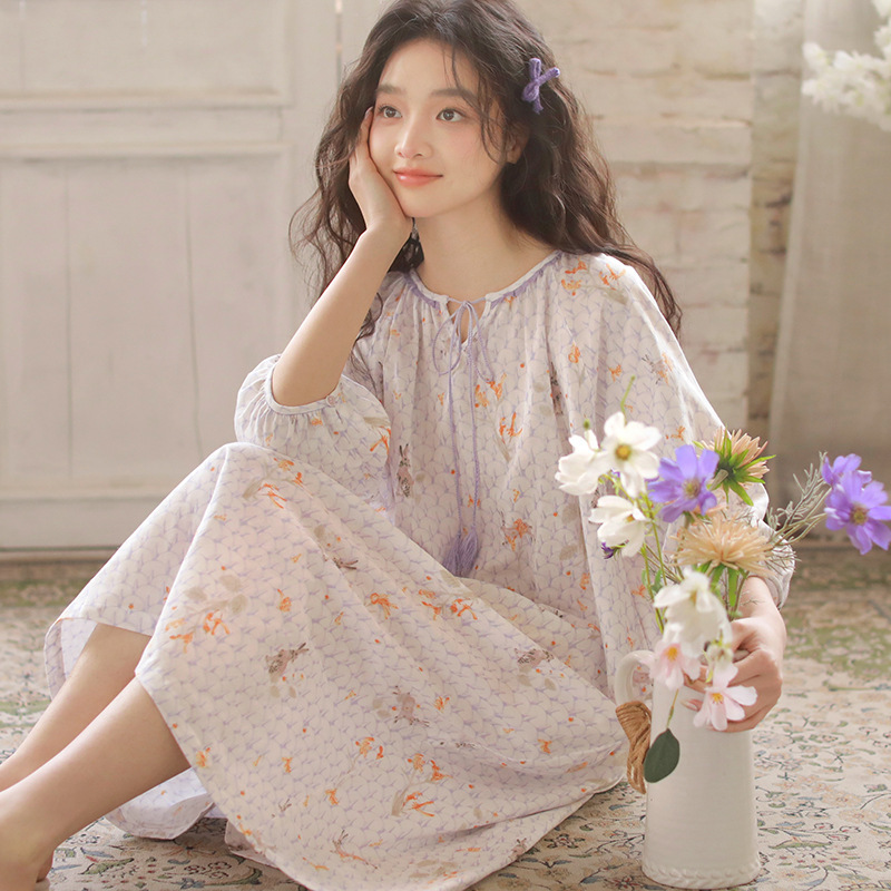 女款夏季棉紗流蘇系帶圓領七分袖睡裙