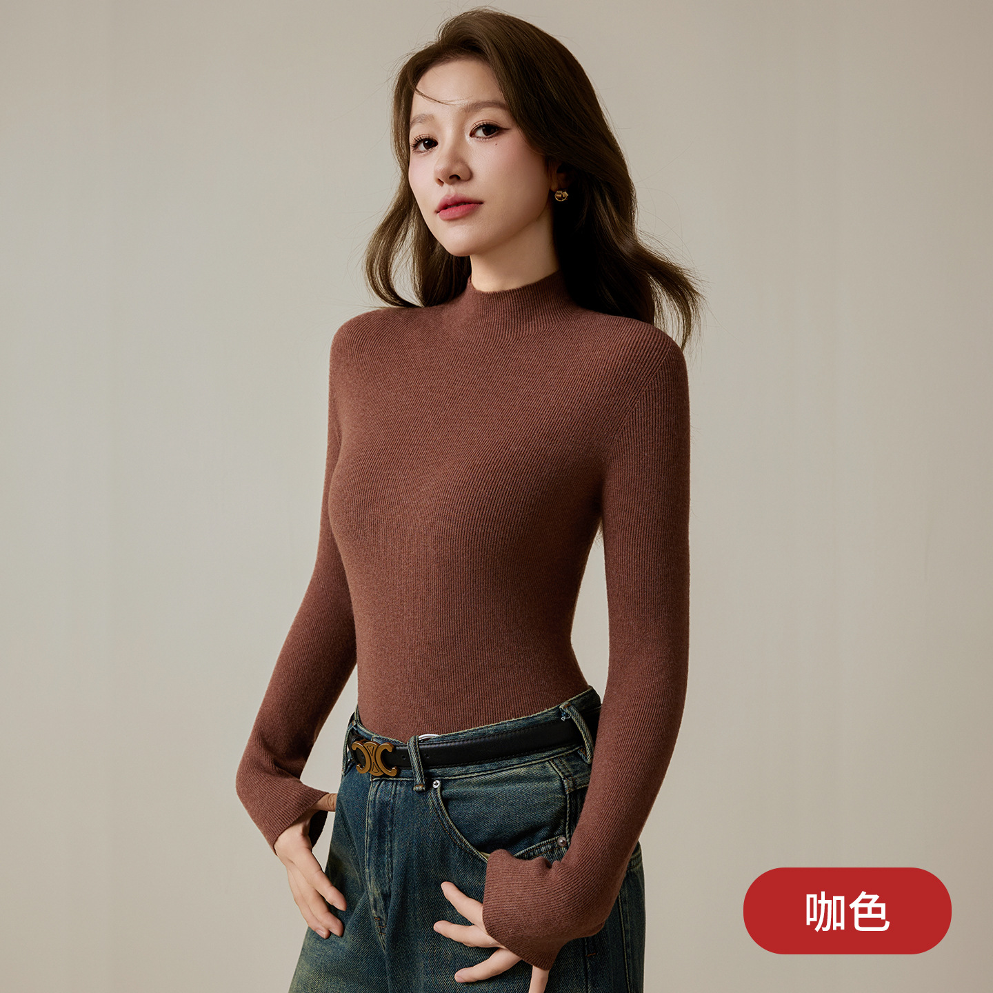 女士秋冬無縫一體綿羊毛半高領打底衫