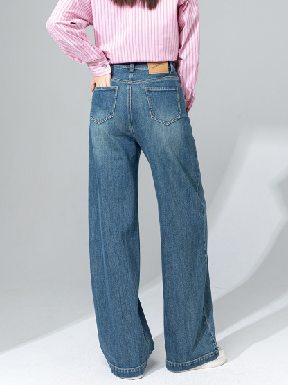 女士春秋高腰分割顯瘦牛仔褲