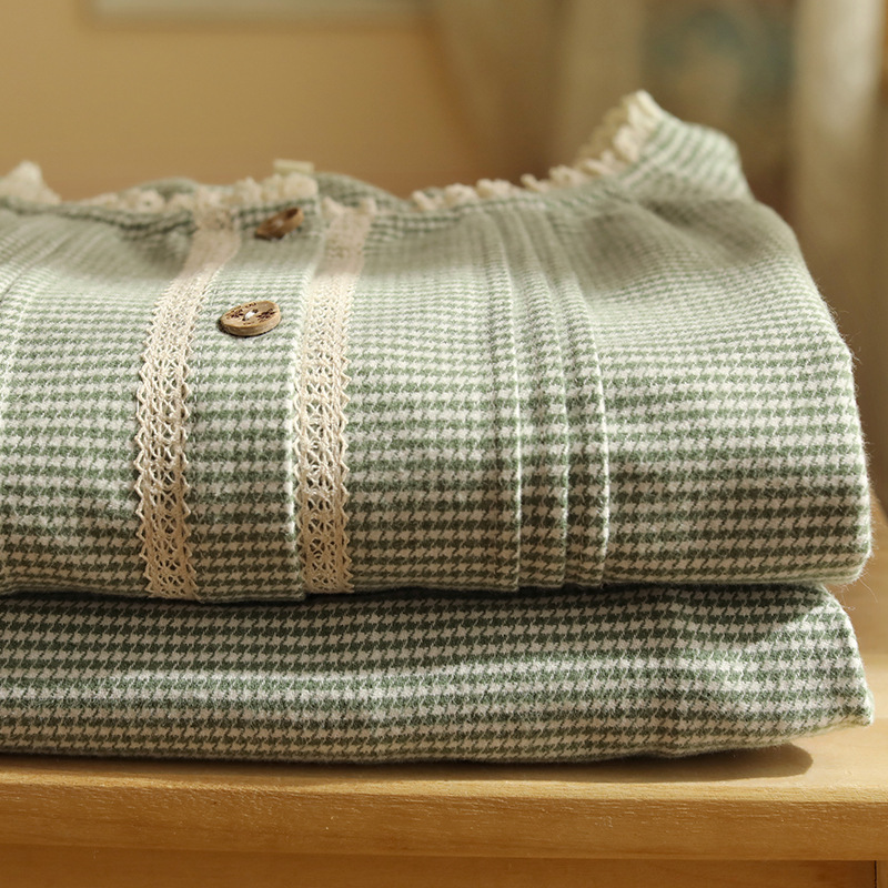 女士秋冬純棉磨毛花邊小圓領長袖長褲家居服