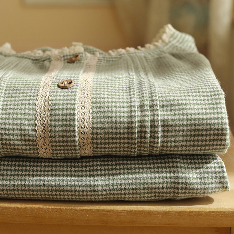 女士秋冬純棉磨毛花邊小圓領長袖長褲家居服