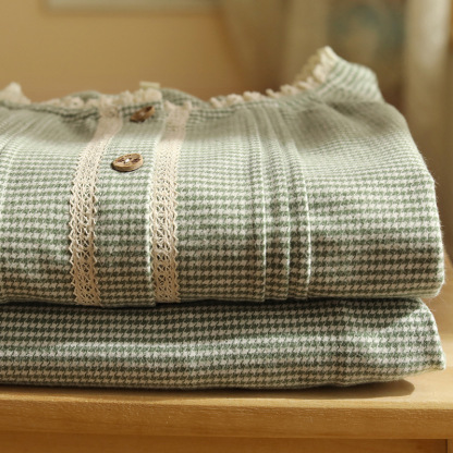 女士秋冬純棉磨毛花邊小圓領長袖長褲家居服